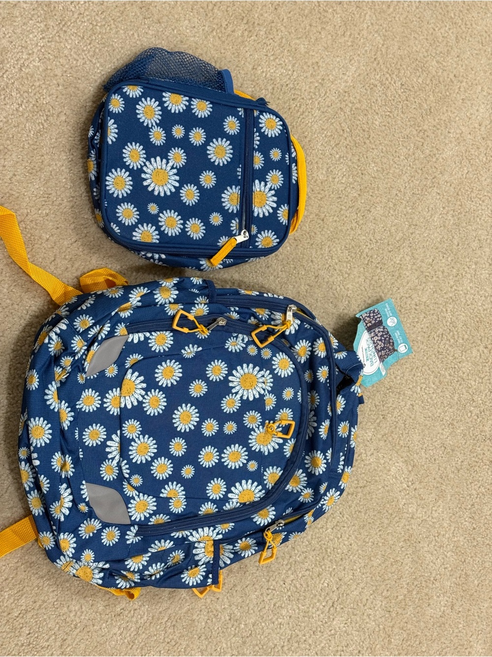 Kids Daisy Print Navy Backpack and Lunch Set with Yellow Accents